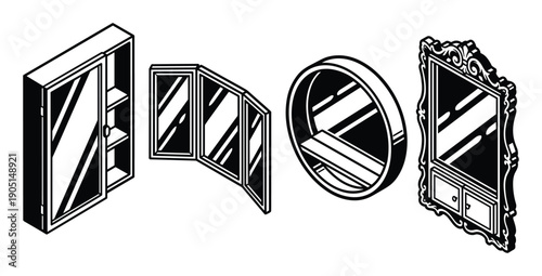 Isometric mirrors collection cabinet, folding mirror, round mirror, and ornate framed mirror