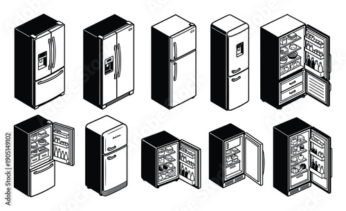 Isometric refrigerator collection, open and closed fridge variants, different styles and full of food illustration