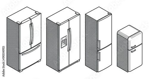 Isometric refrigerators set, appliance lineup, refrigerators collection, household appliances illustration