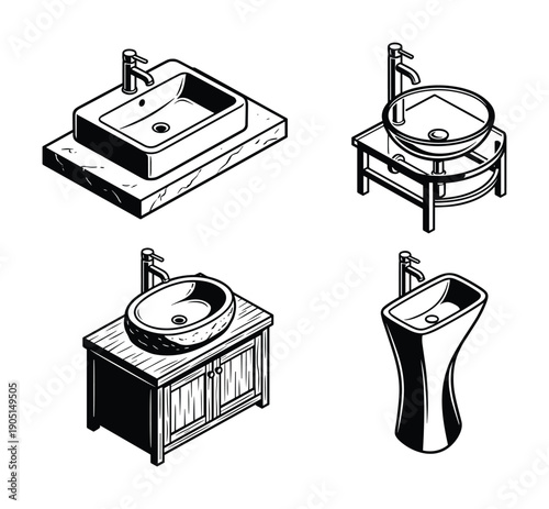 Isometric view of four different bathroom sink and vanity designs, featuring unique styles and contemporary forms