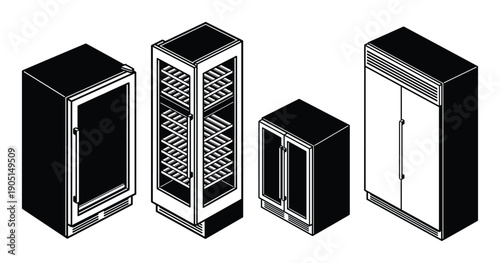 Isometric view of refrigerators, fridge freezer and refrigerator with wine racks detailed vector illustration