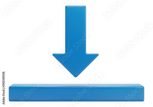 Blue arrow pointing downwards towards a blue bar isolated on transparent background