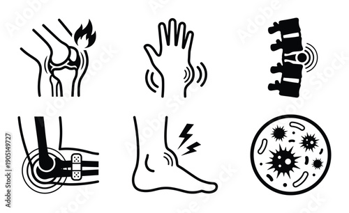 Joint pain icons set featuring knee, hand, spine, elbow, ankle, and infection inflammation symbols