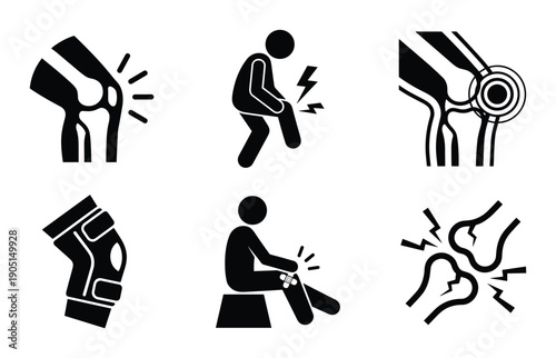 Knee Pain Icons Set Vector Illustration, Joint Injuries and Treatment Concepts Stick Figure Pictogram