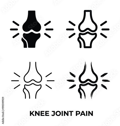 Knee Joint Pain Vector Icons: Anatomical knee structure with pain, black and white, simple line art