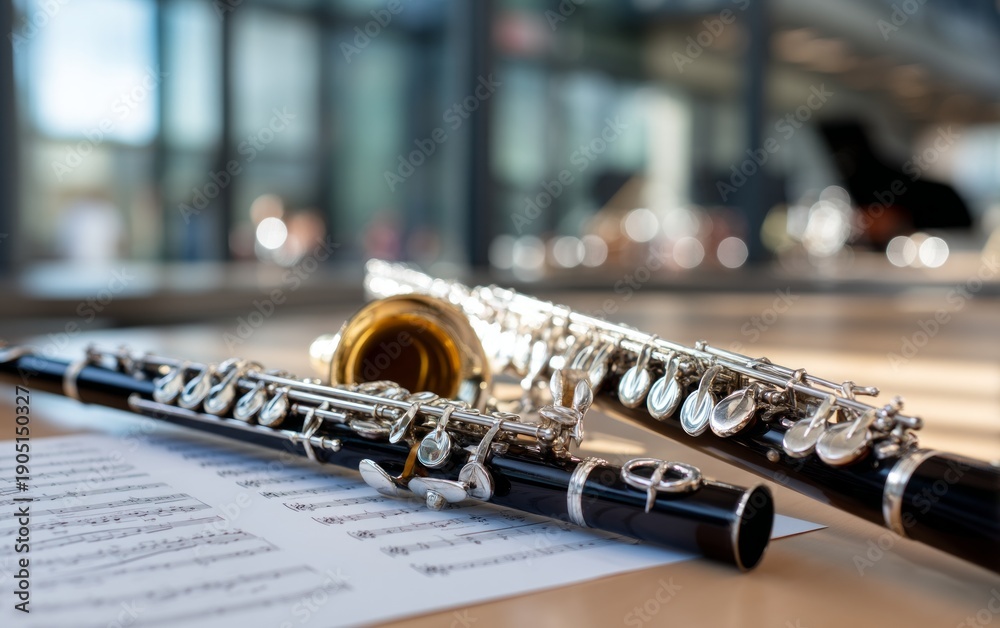 Obraz premium Sleek Musical Instruments on Table with Sheet Music in Modern Setting