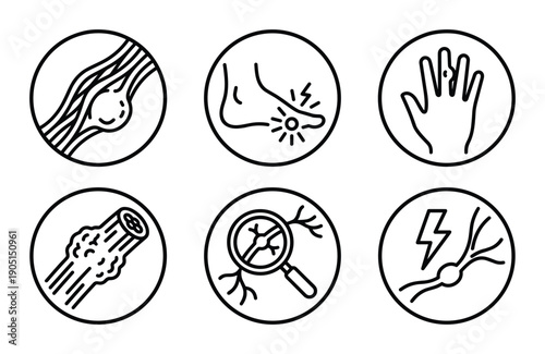 Neuropathy icons set showing nerve damage, foot pain, hand tingling, and nerve examination with magnifier