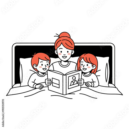 Mother Reading Bedtime Story to Children