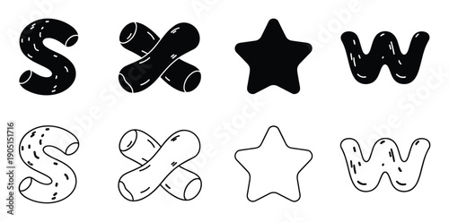 Playful doodles of letters and shapes. Quirky stylized S, X, star, and W in solid and outline forms.