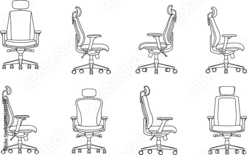 Office, chair, technical, drawing, ergonomic, furniture, design, template, front, side, back, views, swivel, chair, blueprint, illustration, isolated, white, background, vector