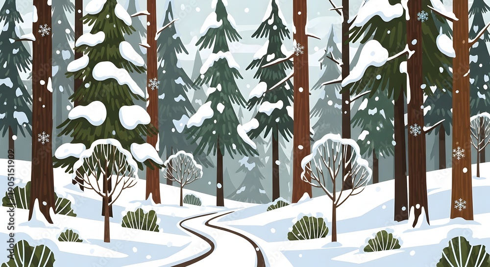 Obraz premium A snowy forest path winds through evergreen trees under a gentle snowfall