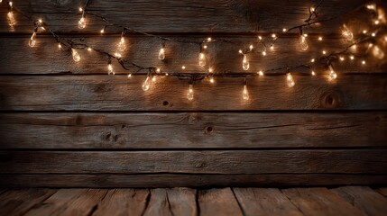 Warm fairy lights on rustic wooden background for cozy ambiance