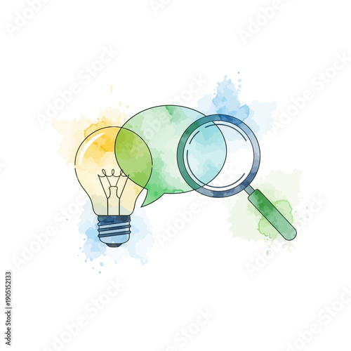 Magnifying glass over a lightbulb with speech bubble