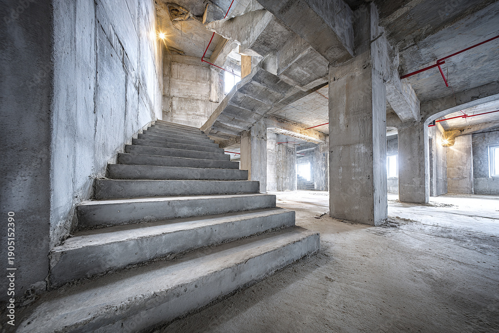 Fototapeta premium Industrial unfinished interior with multi level concrete staircases and exposed columns in spacious building under construction with natural light