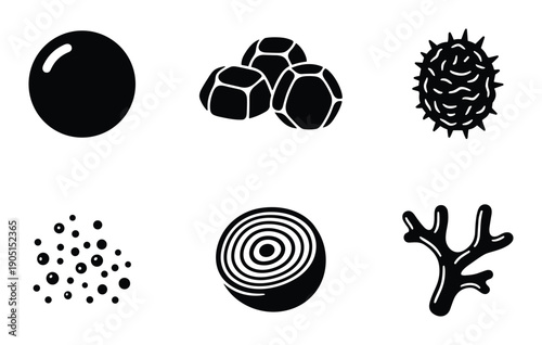 Round elements collection vector design featuring circle, spheres, dots, spiky ball, onion slice, and branch drawing.