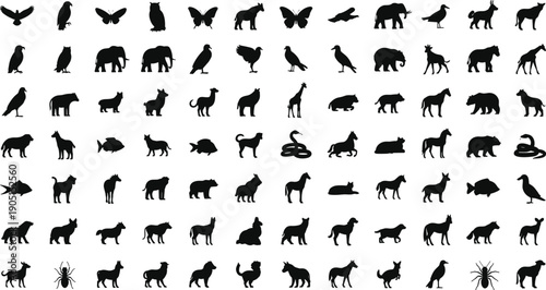 Black animal silhouette mega collection with birds mammals insects reptiles and fish icons isolated vector set for design projects