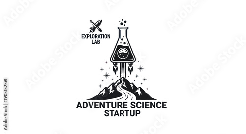 Adventure Science Startup Logo: Rocket Flask Launching from Mountain Peak