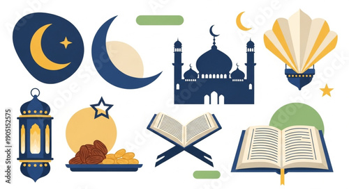 Islamic symbols and decorations for Ramadan and Eid celebrations.