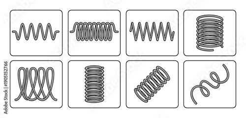 Set of eight different spring designs, zig-zag, coil and curly shapes. Isolated vector clip art collection