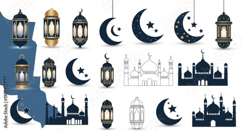 Islamic Ramadan Symbols Crescent Moon Lanterns and Mosques Collection.