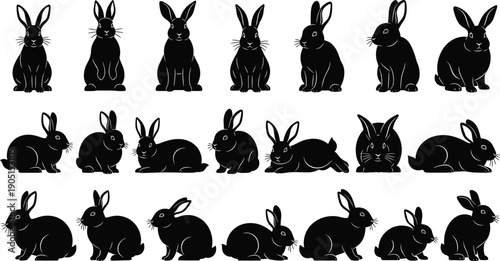 Cute rabbit silhouette vector set with multiple sitting and lying bunny poses, black animal illustration collection isolated on white background