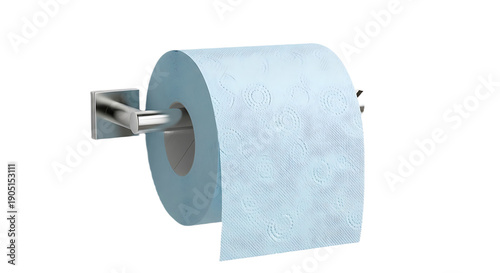 Light blue toilet paper roll on a chrome holder soft textured paper for bathroom hygiene and comfort isolated on white background