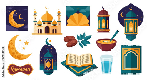 Islamic Ramadan Symbols Collection Flat Design.