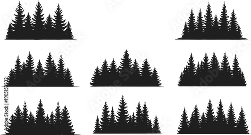 Black evergreen forest silhouette collection with multiple pine tree groups isolated vector landscape elements for nature design projects set