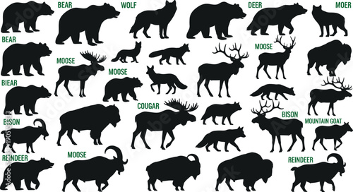 North American wildlife animal silhouette collection with bear wolf deer moose bison reindeer mountain goat vector icons set for design projects