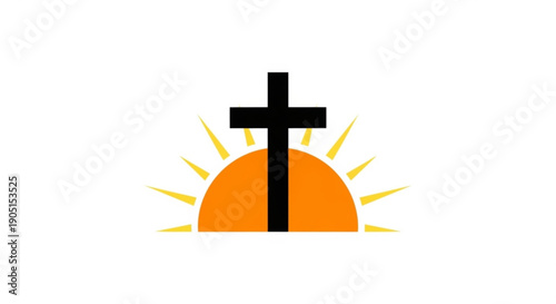 Black cross standing on orange sunrise with yellow rays on white background
