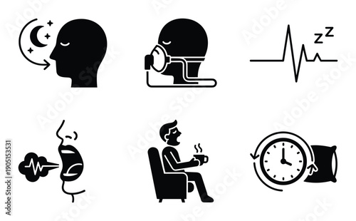 Sleep Apnea vector icons set. Breathing mask, snoring, sleeping time, coughing, hot drink and clock illustration