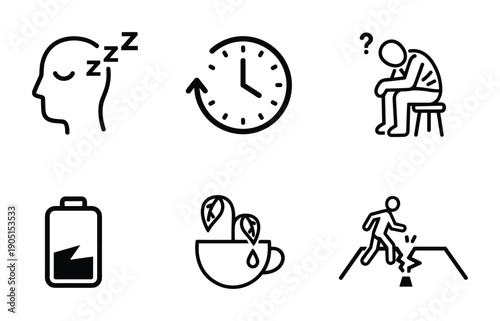 Sleep cycle, time management, low battery, herbal tea, and avoiding mistakes illustrated with simple line art