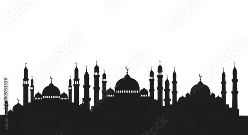 Islamic mosque silhouette cityscape with domes and minarets at dusk