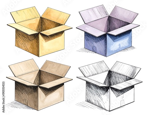 Four watercolor illustrations of open cardboard boxes with varying colors and shading