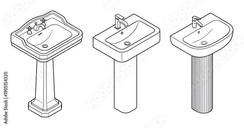 Three styles of pedestal sinks, including traditional and modern design with clean lines, perfect for bathroom interior design.