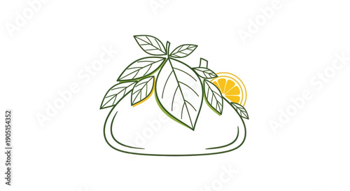 Fresh Basil Leaves and Lemon Slice Emblem, Organic Food Logo Concept