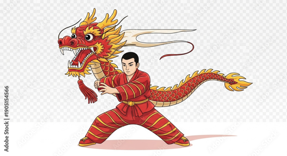 Fototapeta premium Martial Artist Performing Traditional Chinese Dragon Dance Illustration