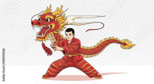 Martial Artist Performing Traditional Chinese Dragon Dance Illustration