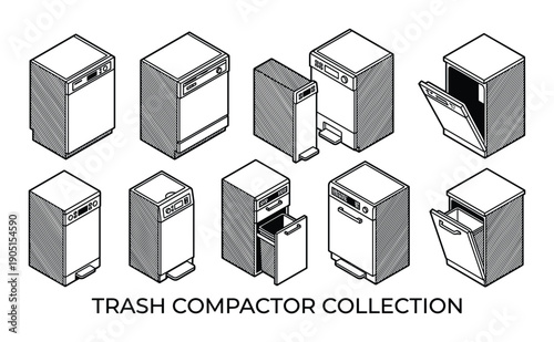 Trash compactor collection isometric vector illustration. Waste management appliance models with doors open and closed.