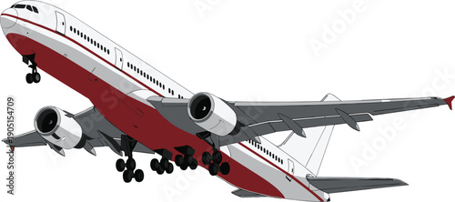Commercial airplane taking off on white background, passenger jet aircraft flying, aviation transport vector illustration, travel and tourism industry