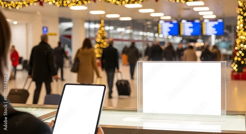 Obraz premium Airport Terminal Check-in Counter with Travelers and Copy Space