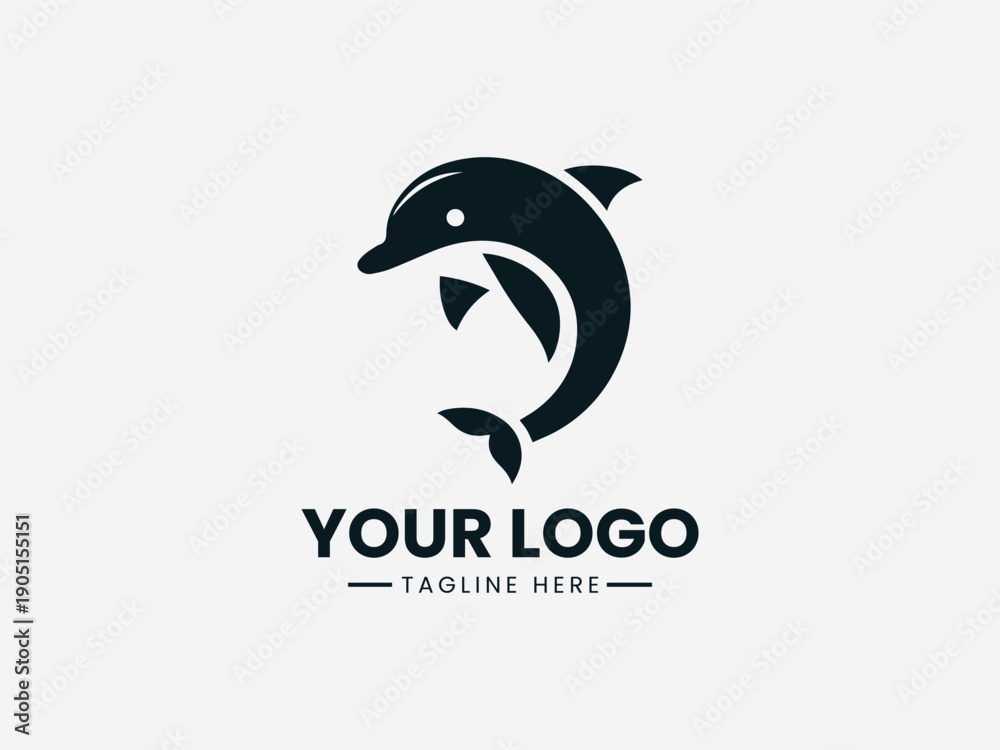 Naklejka premium A minimalist black dolphin logo on a white background with space for custom text and tagline.