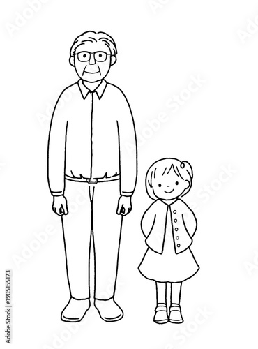 Smiling Grandfather and Granddaughter Standing Together, Cute Full Body Family Illustration. Black-and-white.
