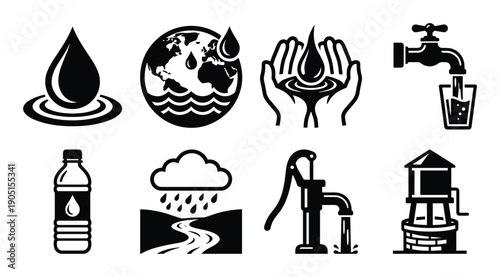 Water resources vector icons set, drop, earth, hands, tap, bottle, rain, pump and well icons in black color