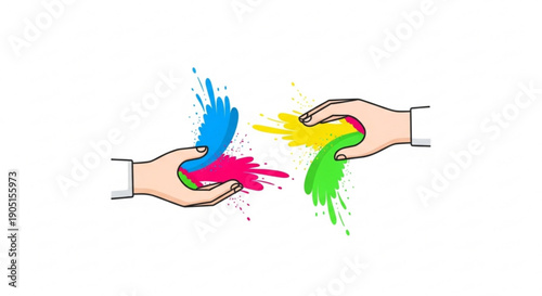 Two hands exchanging colorful paint splatters creatively
