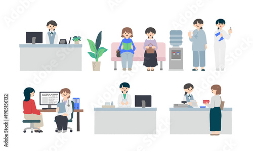 病院の受付から診察・会計までの流れ 医療機関の一連のシーンセットイラスト / Hospital Visit Process Illustration Set – Reception, Waiting Room, Examination and Payment