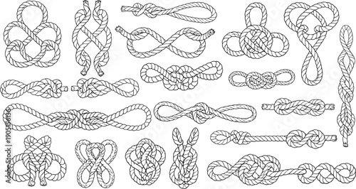 Detailed rope knot illustrations, nautical vector collection showcasing climbing knots, sailing loops, survival ties, secure fastening designs for outdoor adventure and maritime use