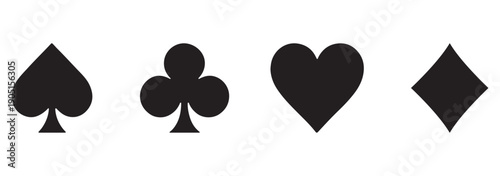 playing card icons. 4 suits of playing cards: Hearts and Spades, Diamonds and Clubs icon. Flat simple symbols collection.