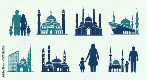 Islamic Mosques and Family Silhouettes Collection.