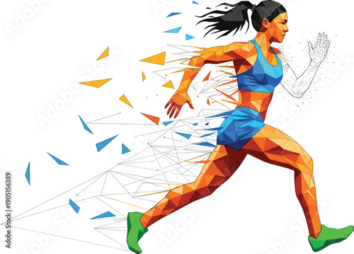 Dynamic low poly female athlete running fast, abstract geometric runner sprinting, colorful triangle polygonal vector illustration on white background.